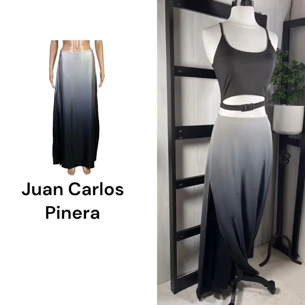 Juan Carlos Pinera Gray To Black Silk Ombre Dip Dye Side Slit Maxi Skirt Size M